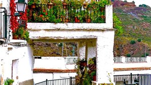 A white building with balconies adorned with potted plants and a street lamp. - Nice House in Busquistar (Busquístar)