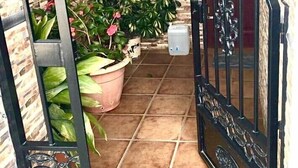 A gated entrance with a metal gate, a potted plant, and a tiled floor. - Nice House in Busquistar (Busquístar)
