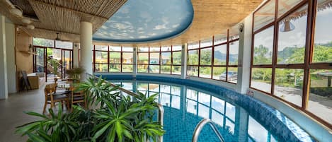 Indoor pool, open 6:30 AM to 8:00 PM, sun loungers