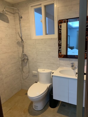 Regadera, amenidades de baño gratuitas, secadora de cabello, toallas