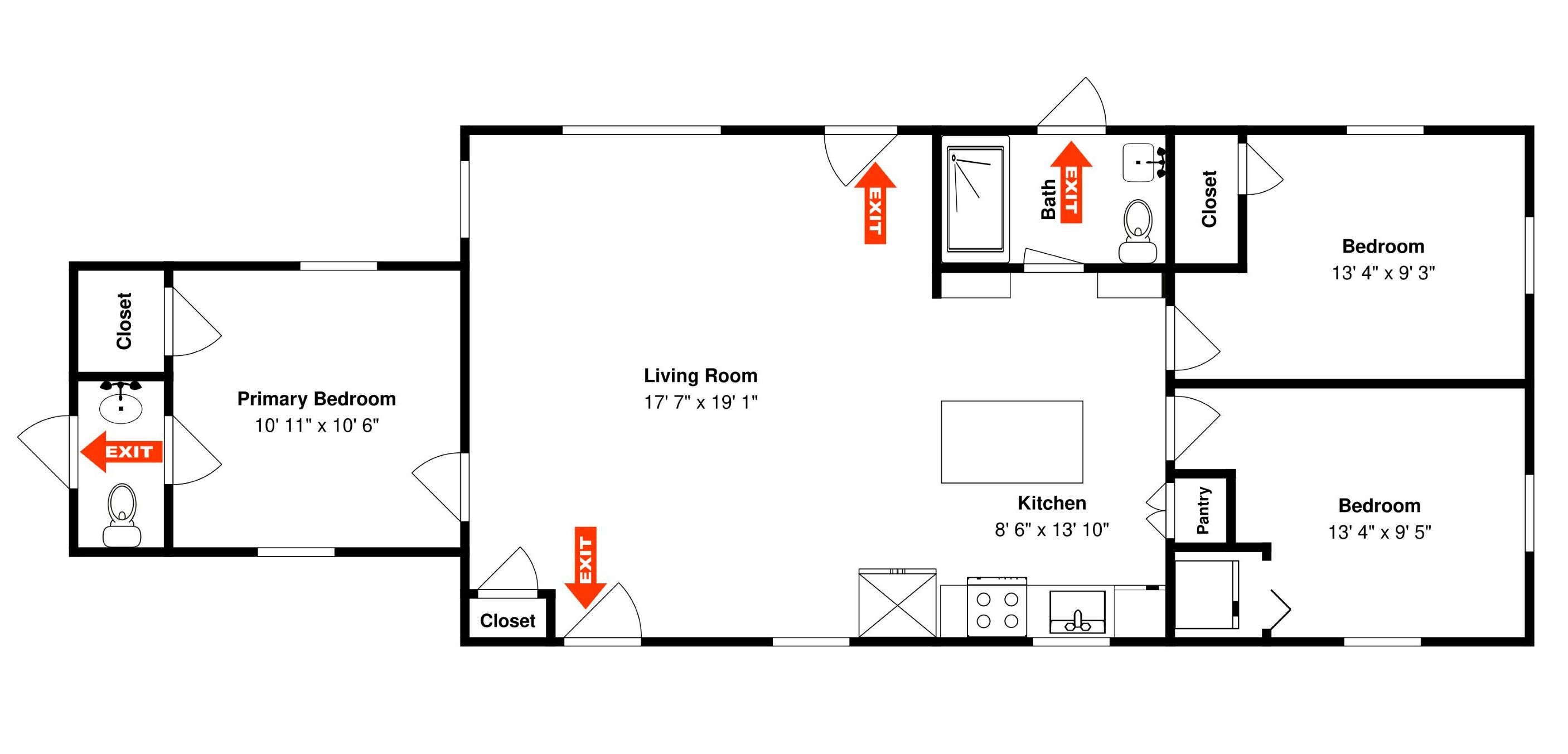 A floor plan of a hotel room with a primary bedroom, living room, kitchen, and two bathrooms.