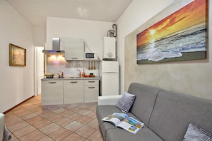 Un espace de vie compact comprenant un coin cuisine, un canapé gris agrémenté d’un magazine et un tableau représentant un coucher de soleil sur l’océan.