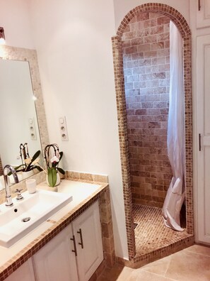 Combined shower/tub, hair dryer, towels, shampoo