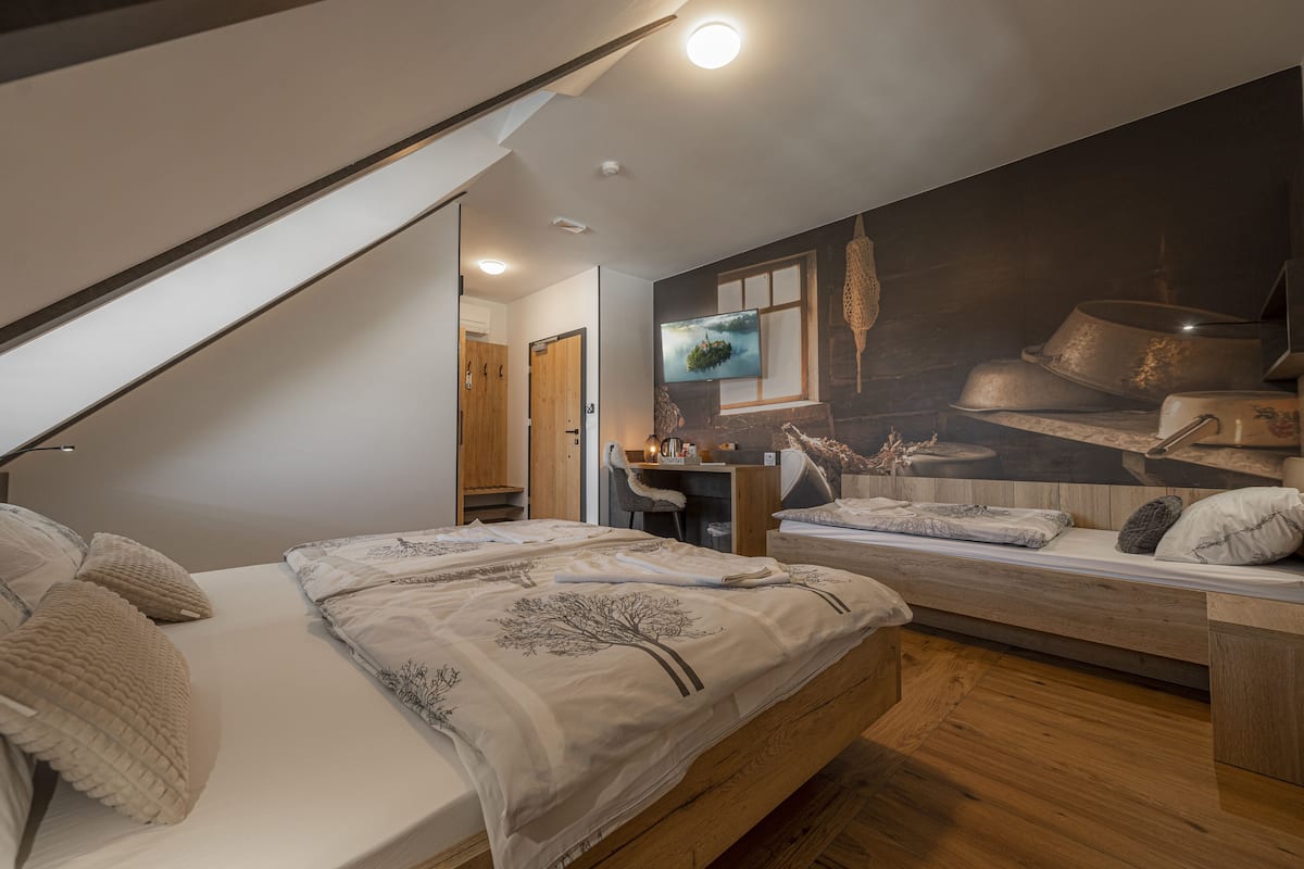 A bedroom with a loft bed, a desk, and a TV.