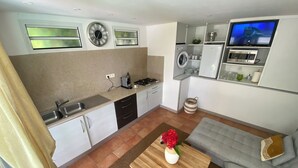 Une cuisine moderne équipée d’un four, d’un micro-ondes et d’un évier intégrés. On y trouve un canapé gris et une table basse en bois sur laquelle est posé un vase de fleurs.