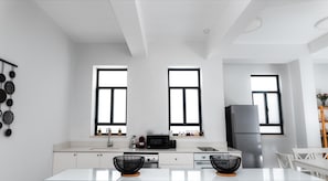 Family Apartment | Private kitchen | Full-sized fridge, microwave, oven, espresso maker