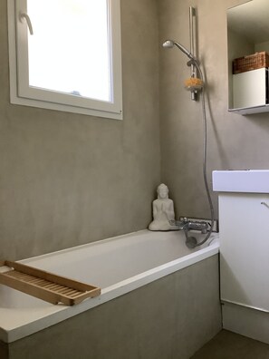 Banheira, secador de cabelo, sabonete, papel higiênico