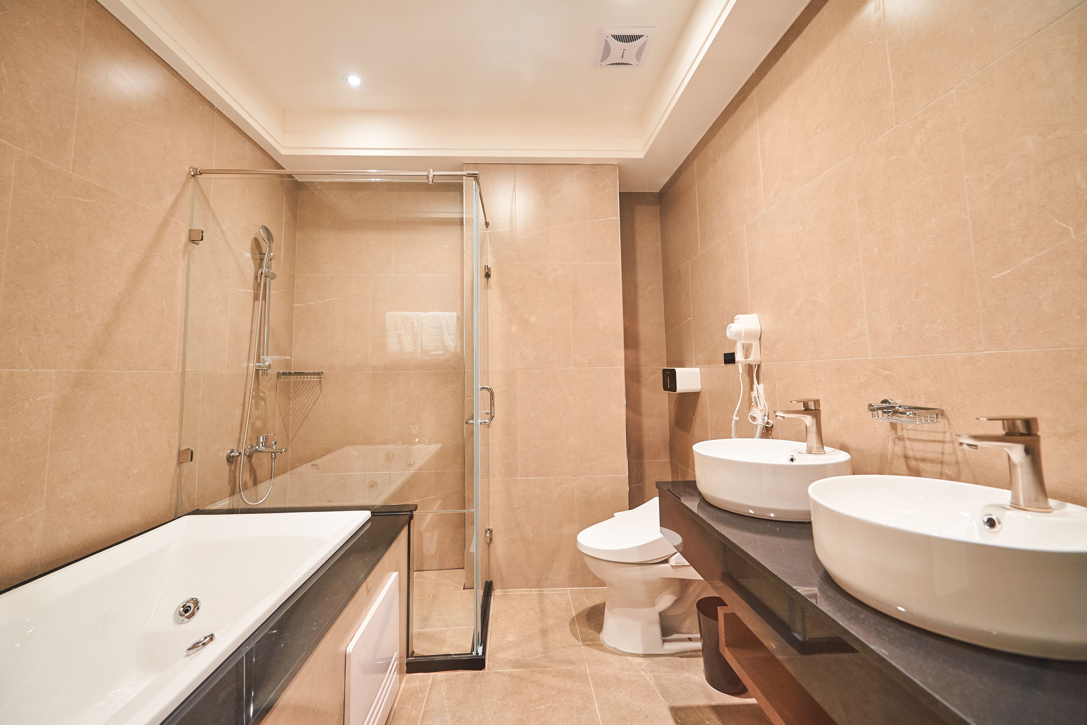 family room | bathroom | jetted bath, rainfall showerhead, free toiletries, hair dryer