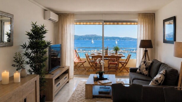 A living room with a TV, wooden furniture, a sofa, a coffee table, and a view of the sea. - 4-person apartment facing the sea 50m from the beach and town center (Sainte-Maxime)