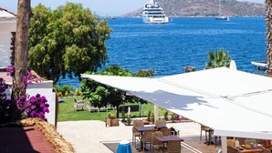 A coastal view with a yacht, palm trees, and a white building with outdoor seating. - Marin Yalıkavak Hotel (Bodrum)