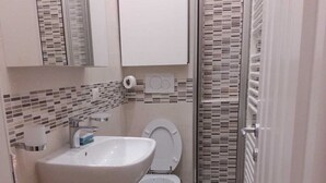 Une petite salle de bain comprenant un lavabo, des toilettes et une douche.