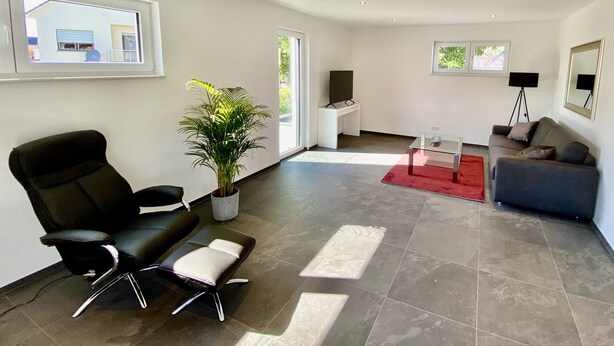 A spacious living room with a black leather chair, a grey sofa, a red rug, and a potted plant.