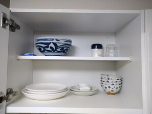 Fridge, microwave, stovetop, electric kettle