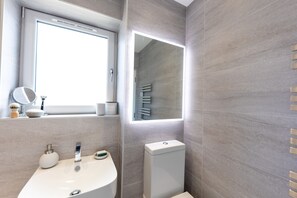 Combined shower/tub, hair dryer, towels, soap
