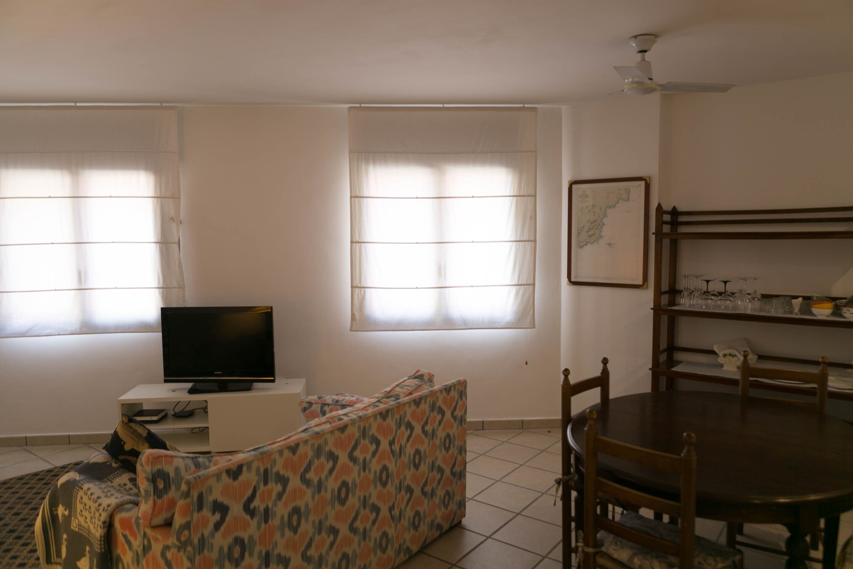 A living room with a television, sofa, dining table, chairs, and a ceiling fan.