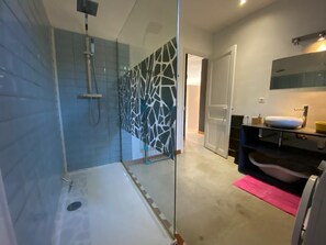 Shower, hair dryer, towels