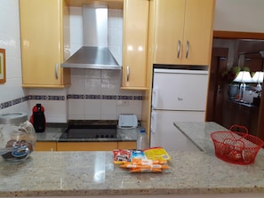 Fridge, microwave, coffee/tea maker, toaster