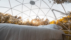 Una cama bajo una estructura de domo geodésico, con vista a árboles y al cielo.