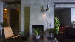 A modern living room with a concrete fireplace, a wooden chair, a sofa, and potted plants. - In Gallery Spa & Hotel (Korçë)