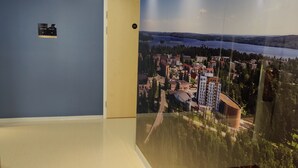 A hallway with a red carpet, a blue wall, and a large poster of a town with buildings and a lake. - Hotelli Kuohu (Kangasala)