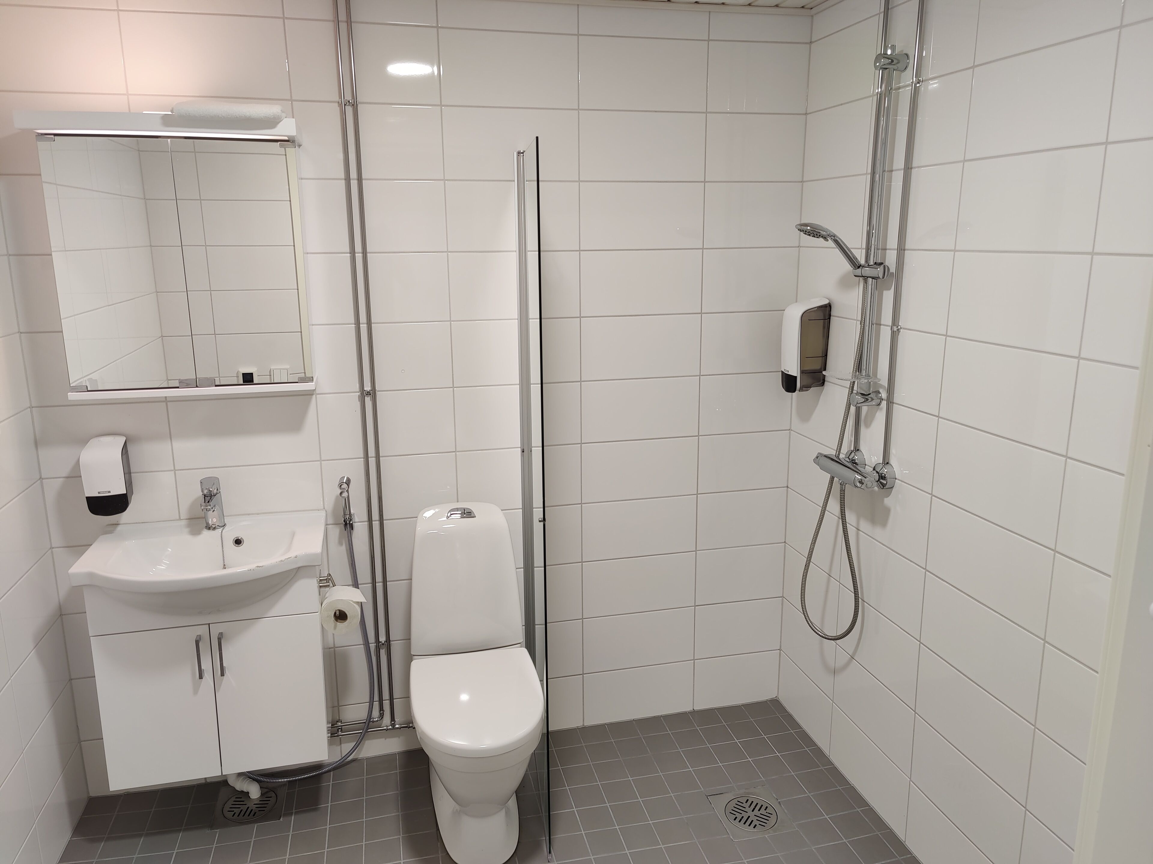 Dusch, hårtork, handdukar och tvål