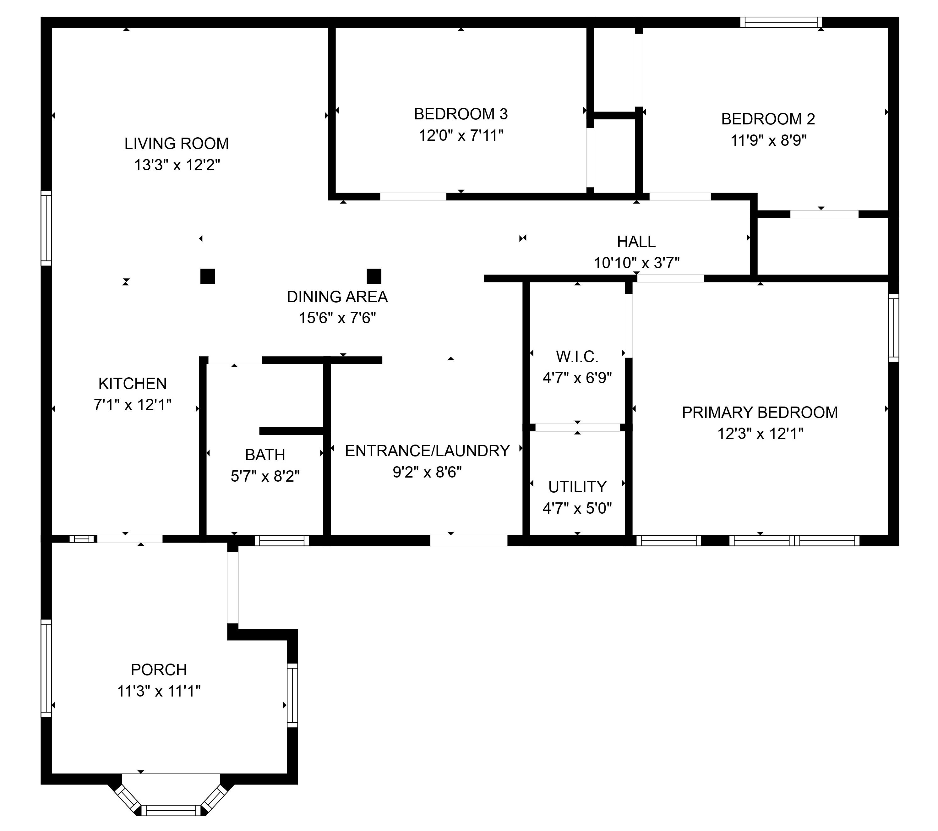 A floor plan of a house with a living room, three bedrooms, a kitchen, a dining area, a bathroom, a porch, a hall, and a utility room.