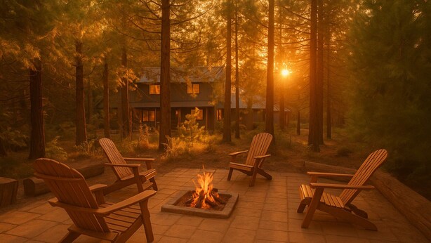 A patio area with Adirondack chairs and a fire pit, surrounded by trees and a house in the background. - The Sparrow’s Nest ~ Cozy Charm + Fire Pit Fun (Shaver Lake)