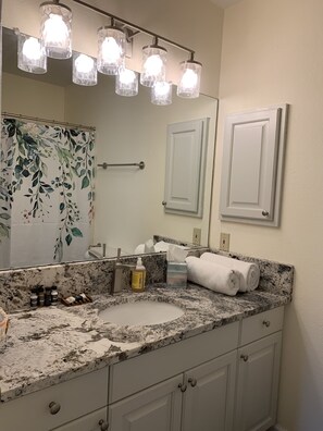 Bathtub, hair dryer, towels, soap
