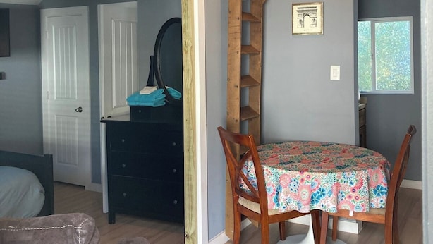 A room with a loft bed, a dining table with chairs, a dresser, and a ladder. - The GREEN Tiny House (Houston)