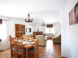 Smart TV, fireplace, DVD player, books