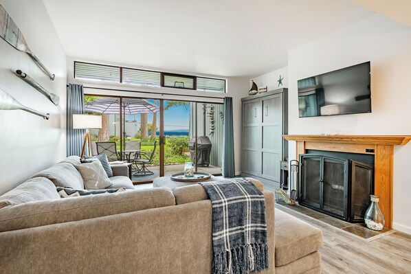 Smart TV, fireplace, table football, books