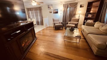 Smart TV, fireplace, video games, DVD player