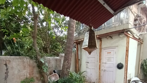 Un espace extérieur abrité, doté d’un sol carrelé, de plantes en pot et de deux chaises en plastique.