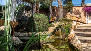 A garden with a pond, rocks, and a wooden bench.