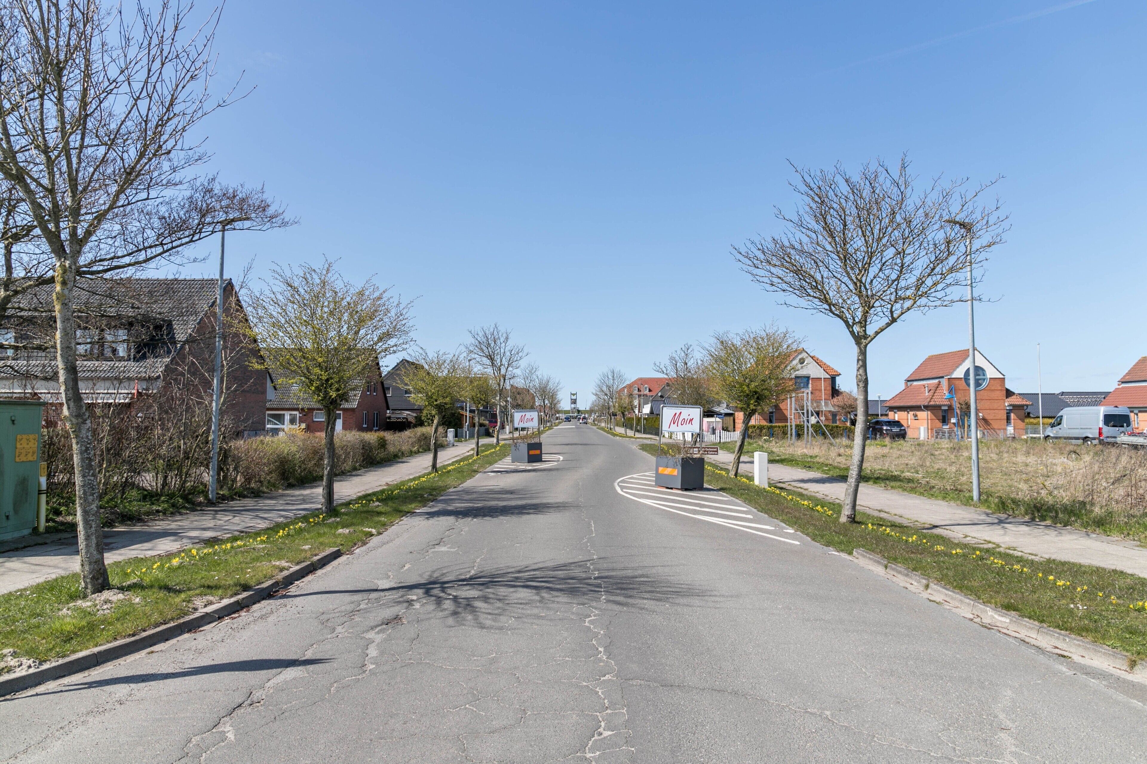 Een woonstraat met huizen, bomen en een heldere lucht.