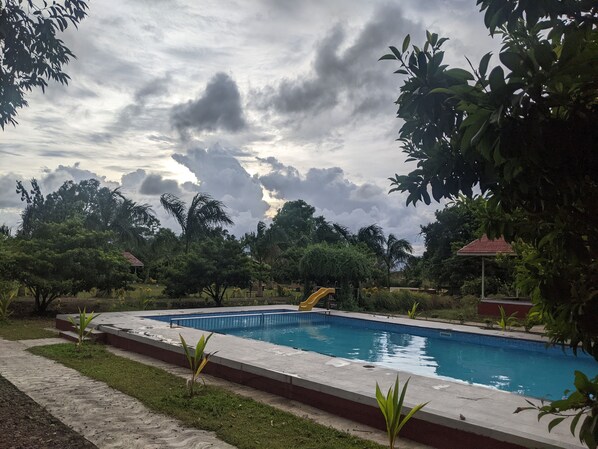 A rectangular swimming pool with a yellow slide, surrounded by greenery and a cloudy sky. - Mango Tree Farm (Karjat)