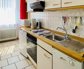 Kühlschrank, Mikrowelle, Herdplatte, Geschirrspüler