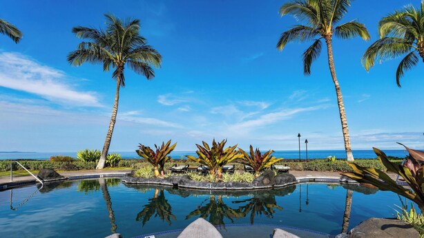 Un espace aménagé au bord de la piscine, avec des chaises longues, des palmiers et une vue sur l’océan.
