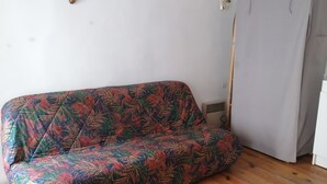 Une pièce avec un plancher en bois, un canapé orné d’un motif de feuilles tropicales, un mur blanc et une porte grise.