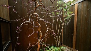 Ein Holzzaun mit einem kleinen Baum im Vordergrund.