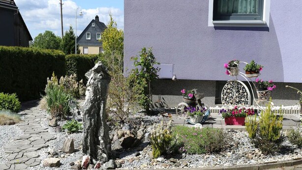 Ein Garten mit verschiedenen Pflanzen und einem dekorativen Metallzaun.