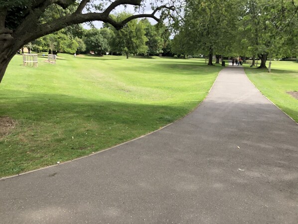 A paved pathway in a park with green grass on either side and trees overhead.