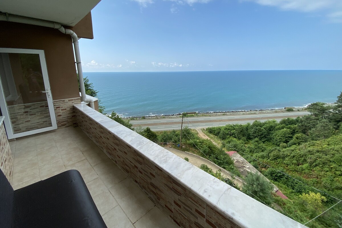 Ein Balkon mit Blick auf das Meer und eine Straße.