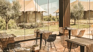 An outdoor dining area with tables and chairs, large windows, and a thatched roof. - Terme di Vulci Glamping & SPA (Canino)