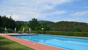 A swimming pool with lounge chairs and umbrellas, surrounded by a hedge and trees. - Appartamento Ilaria (San Macario in Monte/Lucca)