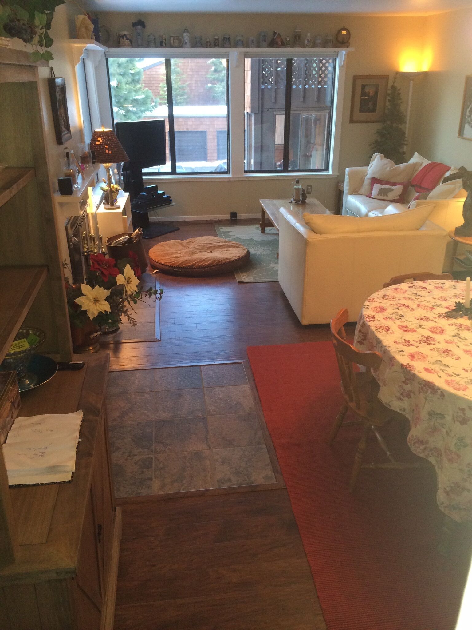 Een smart-tv, een open haard, een dvd-speler en boeken