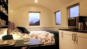 Un dormitorio acogedor con cama, escritorio y kitchenette.