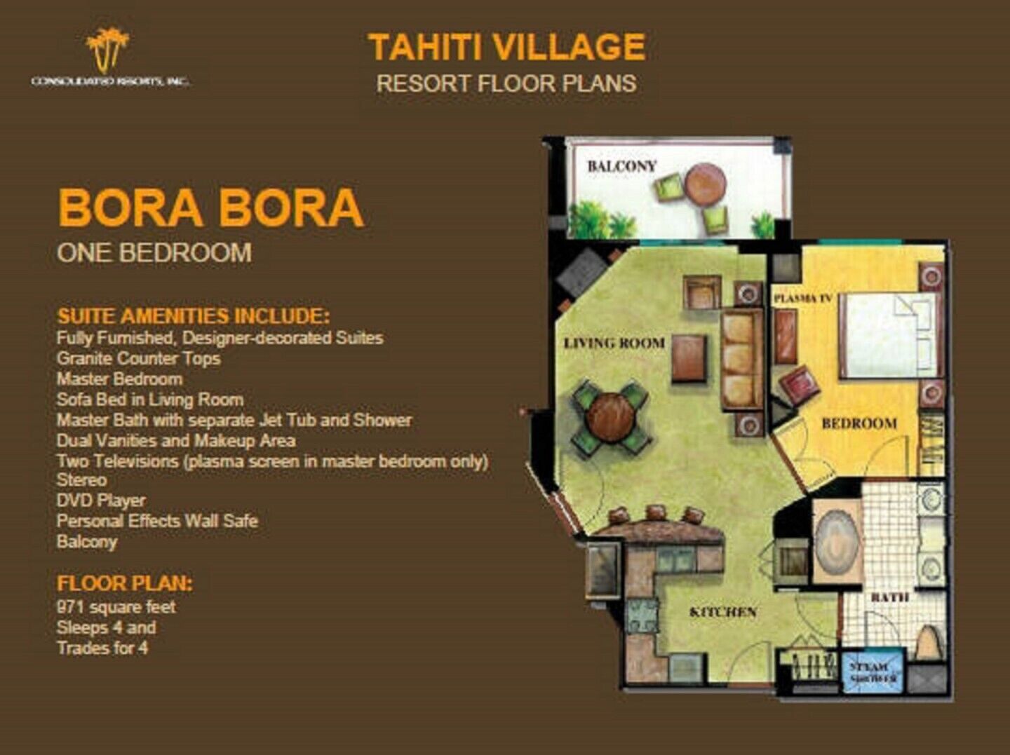 A floor plan of Bora Bora, a one-bedroom suite at Tahiti Village Resort, including a living room, bedroom, balcony, kitchen, and bathroom.
