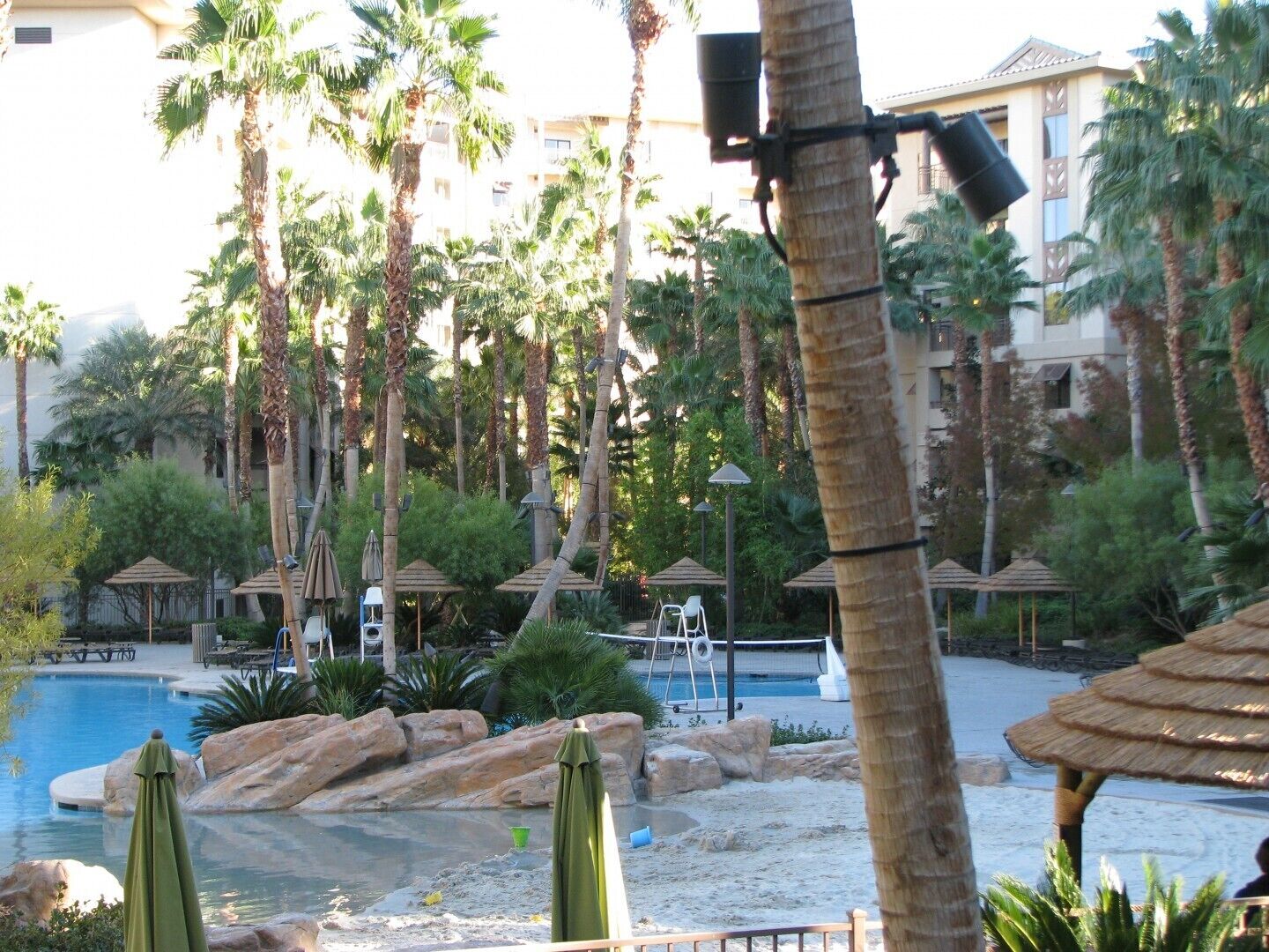 Een resort met een zwembad, palmbomen en strandparasols.