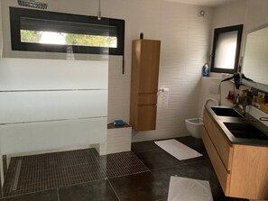 Shower, hair dryer, towels, toilet paper